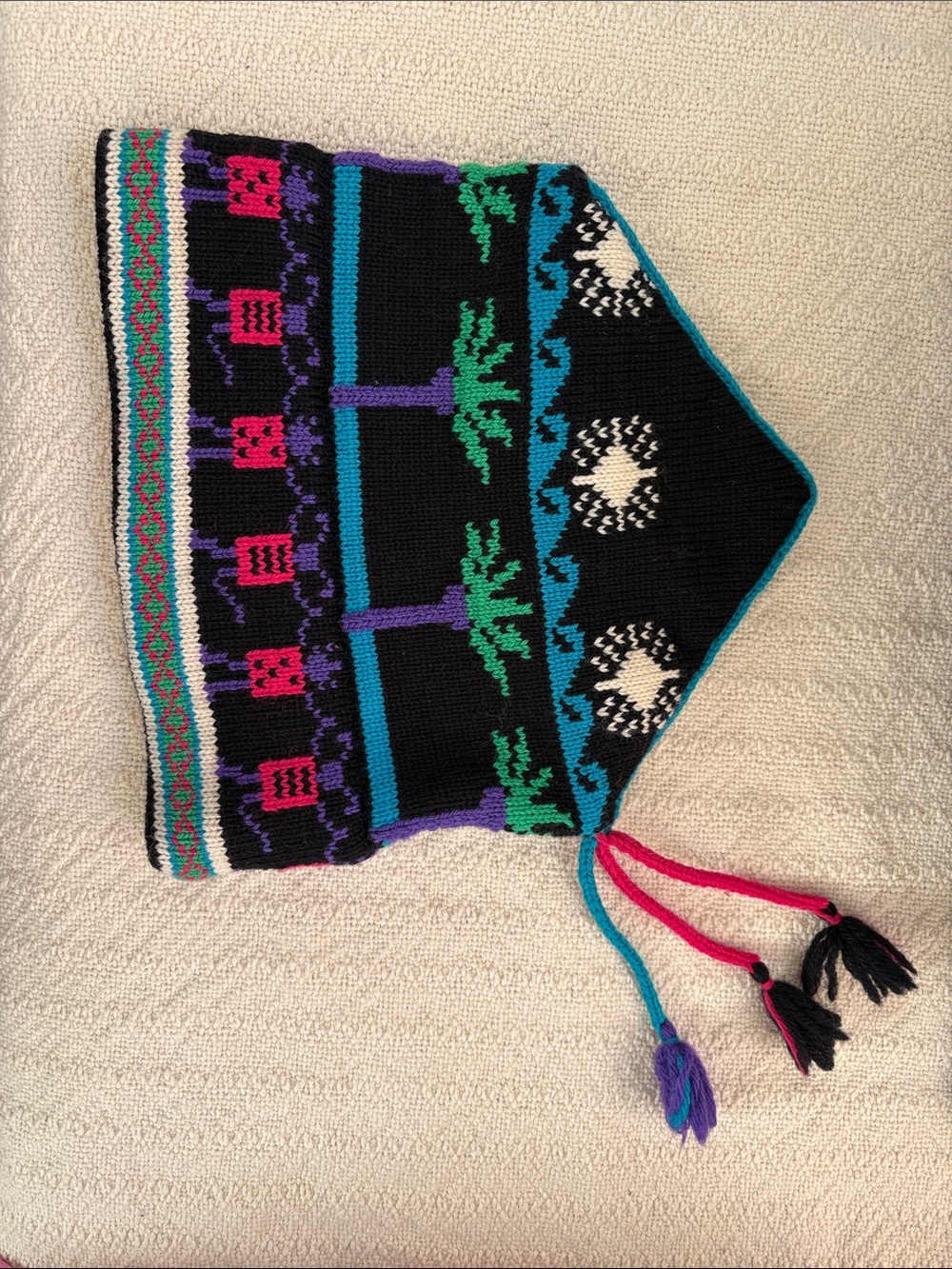Vintage 100% wool Knit beanie with Multicolor Accents pink, purple, black, blue
